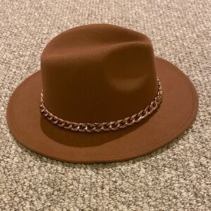 Brown Fedora Hat with Chain Detail